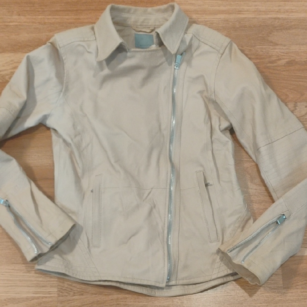Athleta Tan Leather Jacket with Asymmetrical Zipper Size Small